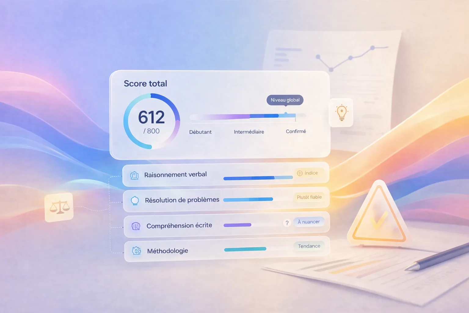 Illustration conceptuelle d’un relevé de score montrant la différence entre note brute, score étalonné, percentile et sous-scores.