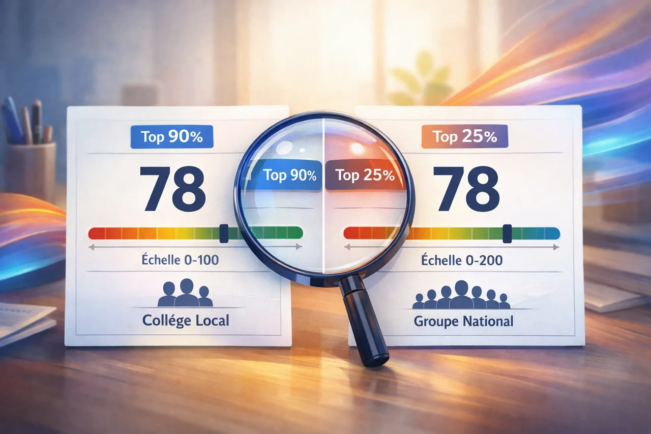 Illustration montrant que deux scores proches peuvent avoir des significations différentes selon l’échelle et le groupe de référence.