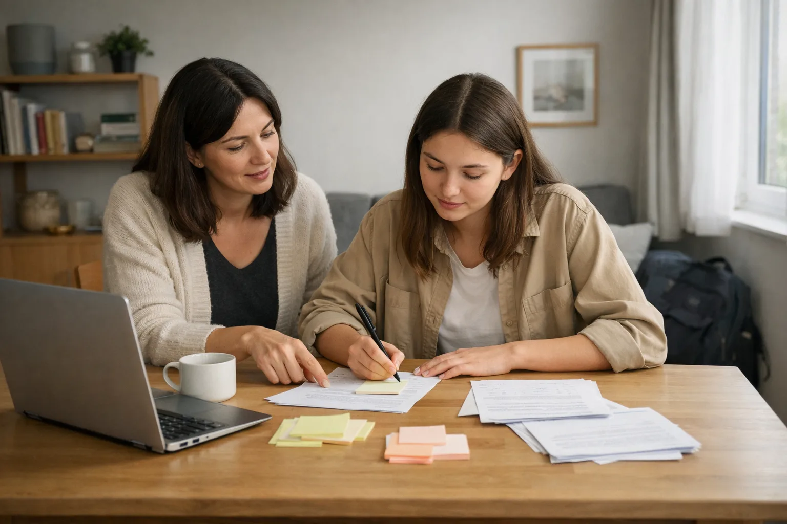 Parent and sixth-form student at a kitchen table sorting notes for a UCAS personal statement, with papers grouped into three clusters and a laptop nearby.