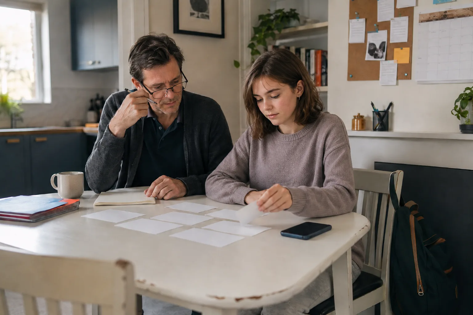 A parent and teenager calmly review school subject option papers together at a family table.