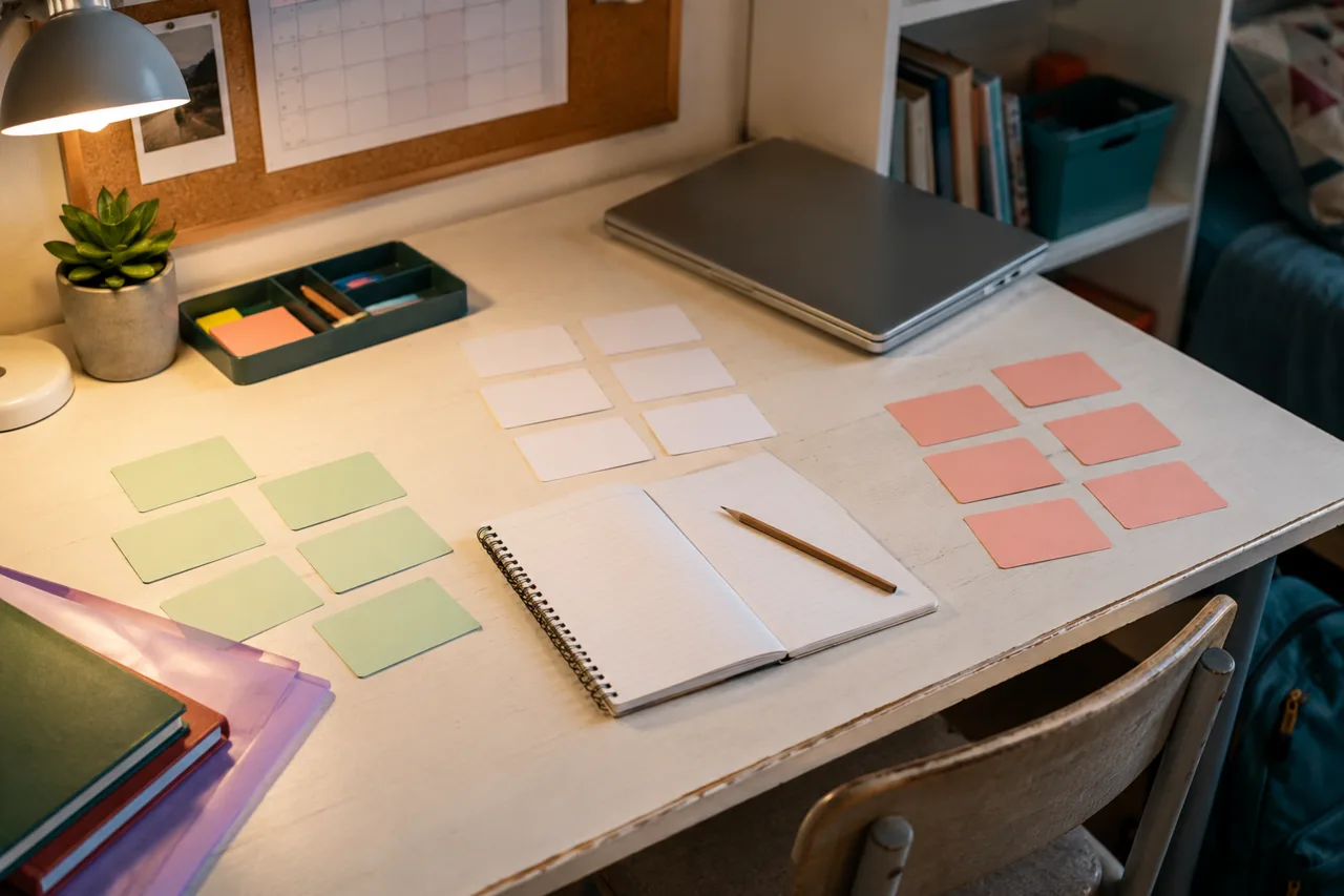 Blank subject option cards sorted into three groups on a study table with a notebook and pencil.