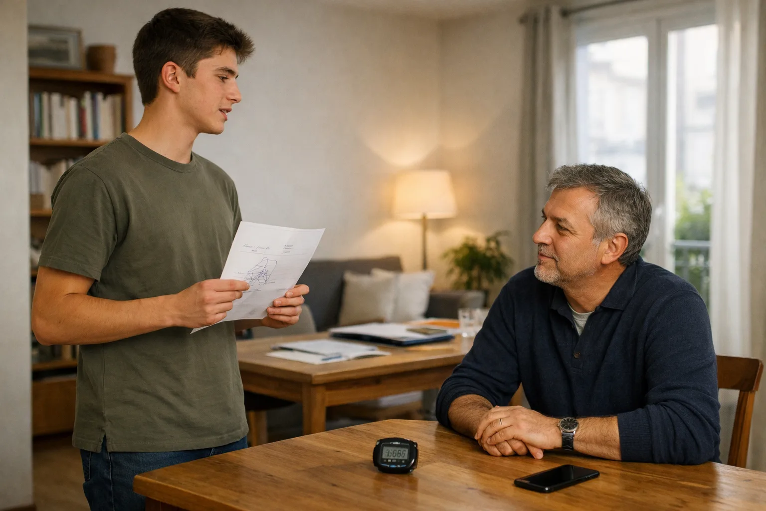 Un lycéen s’entraîne au Grand Oral chez lui avec quelques notes simples, tandis qu’un parent l’écoute et le chronomètre discrètement.