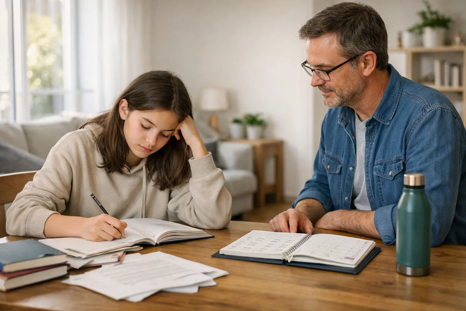 Un adolescent travaille sur des cahiers un matin de week-end pendant qu’un parent regarde le planning à proximité.