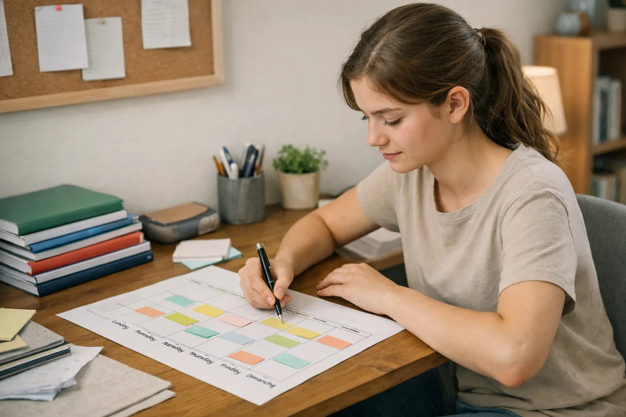 Un élève répartit ses devoirs sur un planning hebdomadaire avec quelques séances courtes.