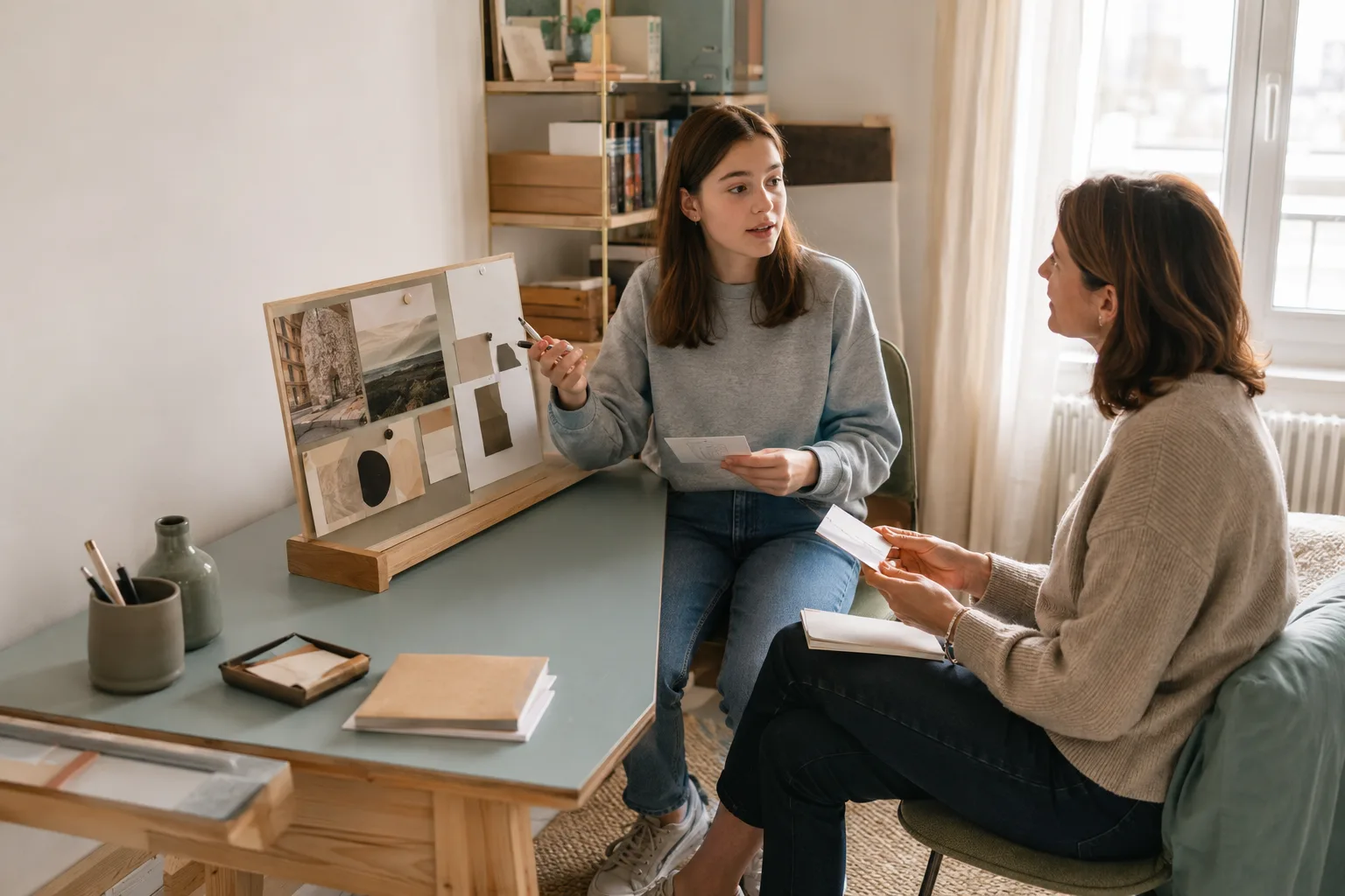 Un élève s’entraîne à l’oral d’histoire des arts avec un parent qui écoute près de cartes de questions.