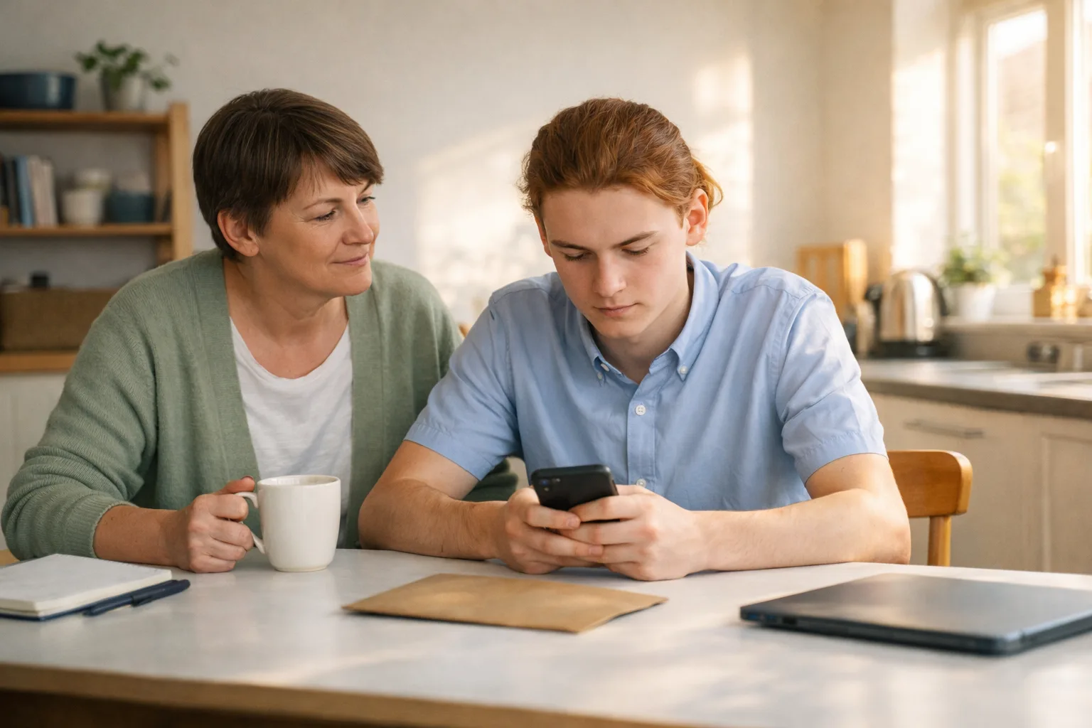 A parent sits beside a teenager at a kitchen table on results morning, offering calm support as they look at exam results.