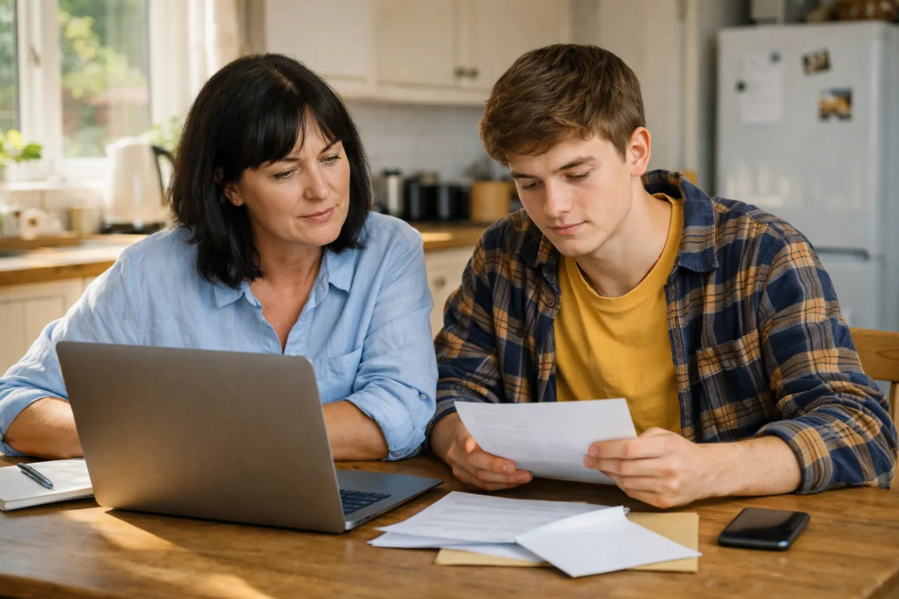 A parent and teenager sit together at a table with a laptop and papers, calmly working through results-day next steps.