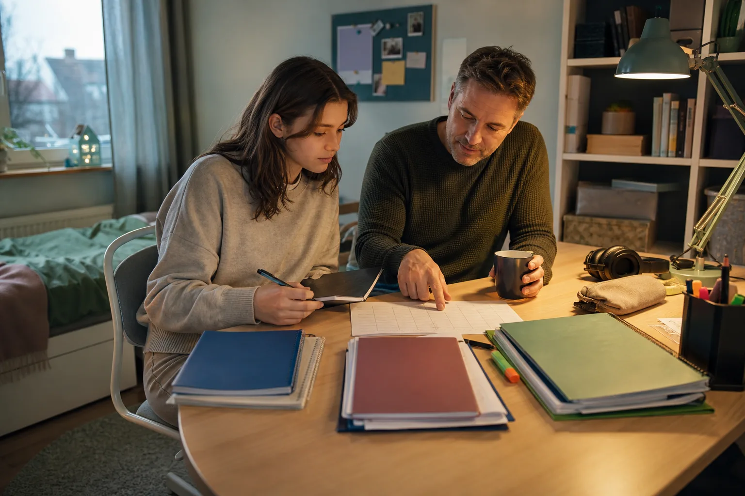 Ein Elternteil und ein Teenager ordnen am Familientisch Unterlagen für Prüfungen, Bewerbungen und Schulalltag.