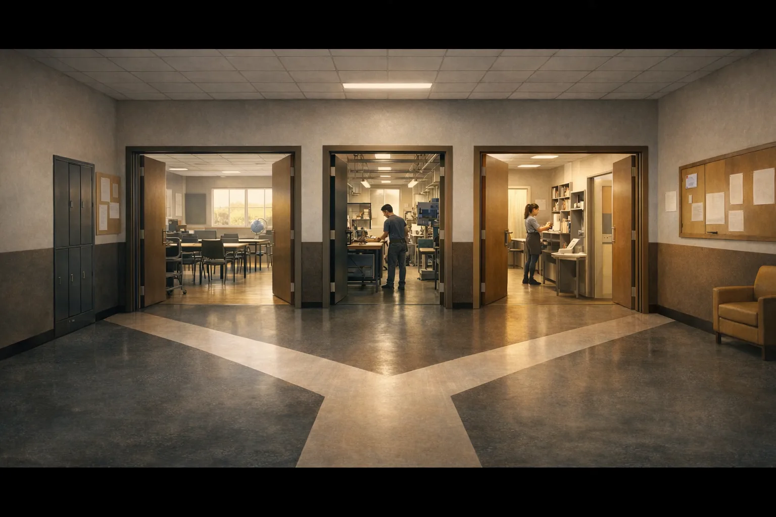 Un couloir de lycée se divise en trois directions menant vers une salle de classe, un atelier technique et un espace de formation professionnelle.