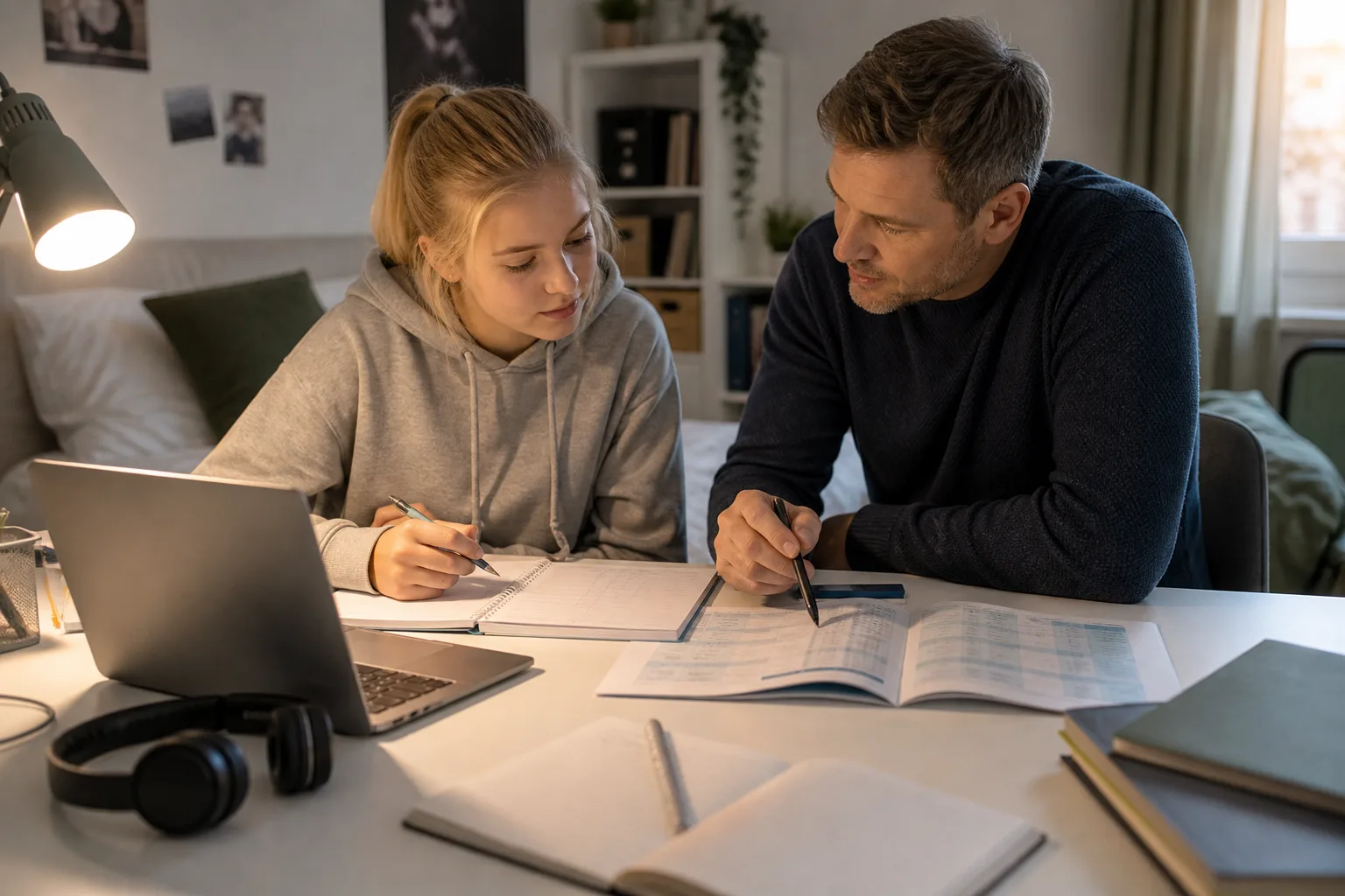 Jugendlicher und Elternteil betrachten zu Hause Schul- und Hochschulunterlagen für ein mögliches Frühstudium.