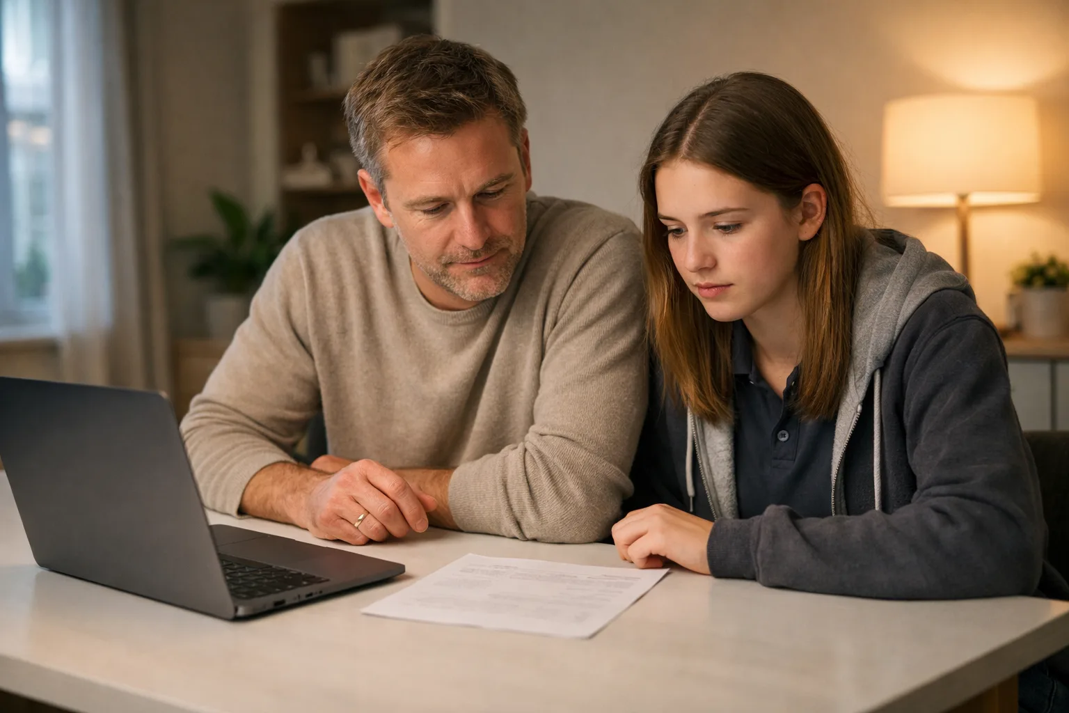 A parent and a teenager look at a school result together at a table at home, in a calm and attentive atmosphere.