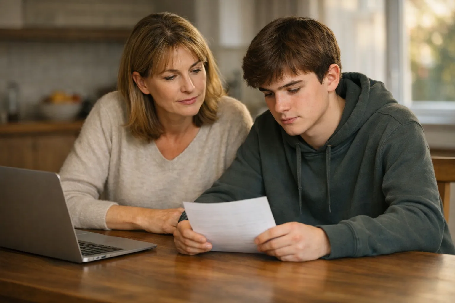Un parent et un adolescent regardent un résultat à une table de maison, dans une atmosphère calme et attentive.