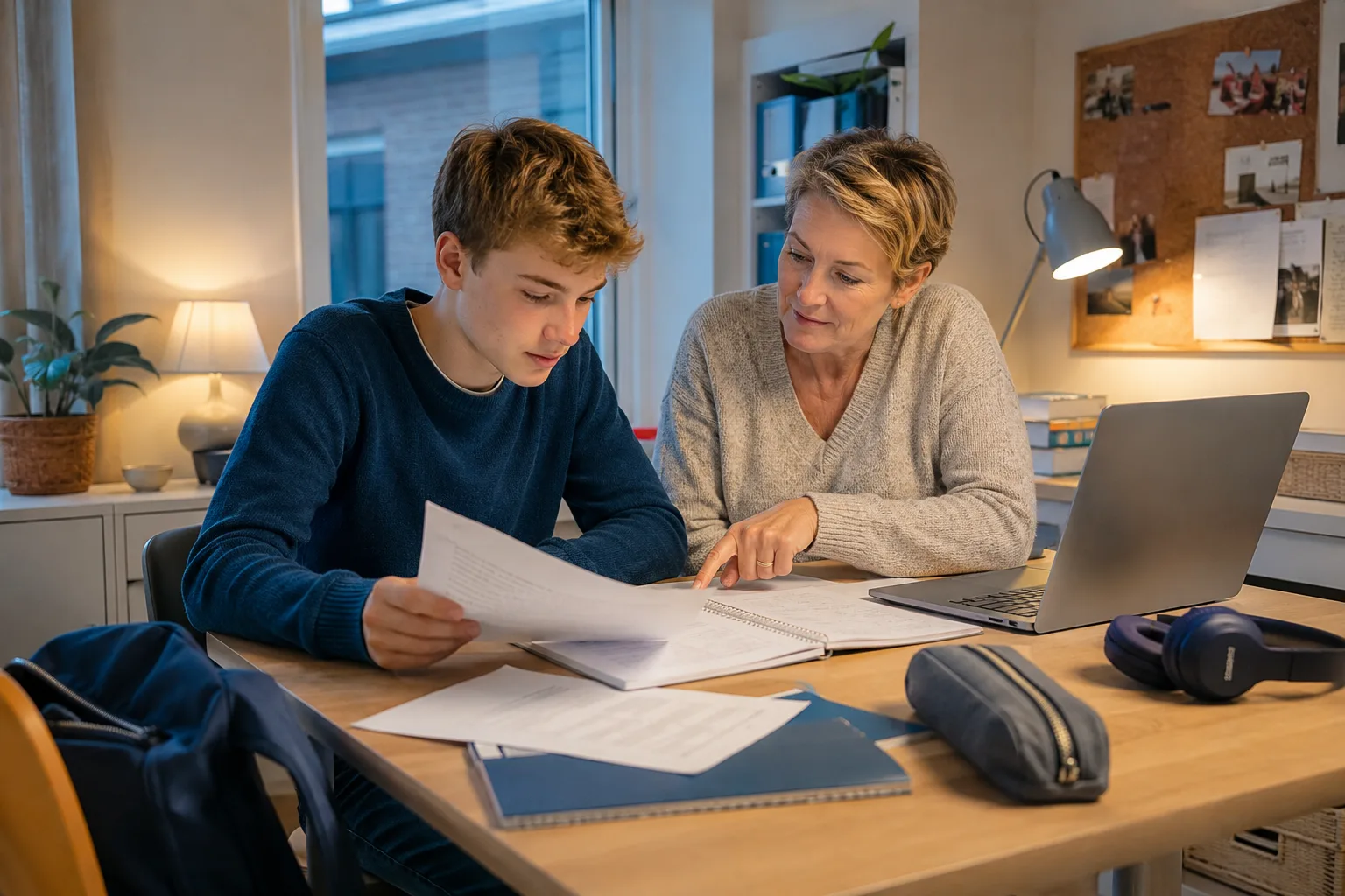 A parent and a teenager calmly discuss homework beside an open notebook and a partly open laptop.