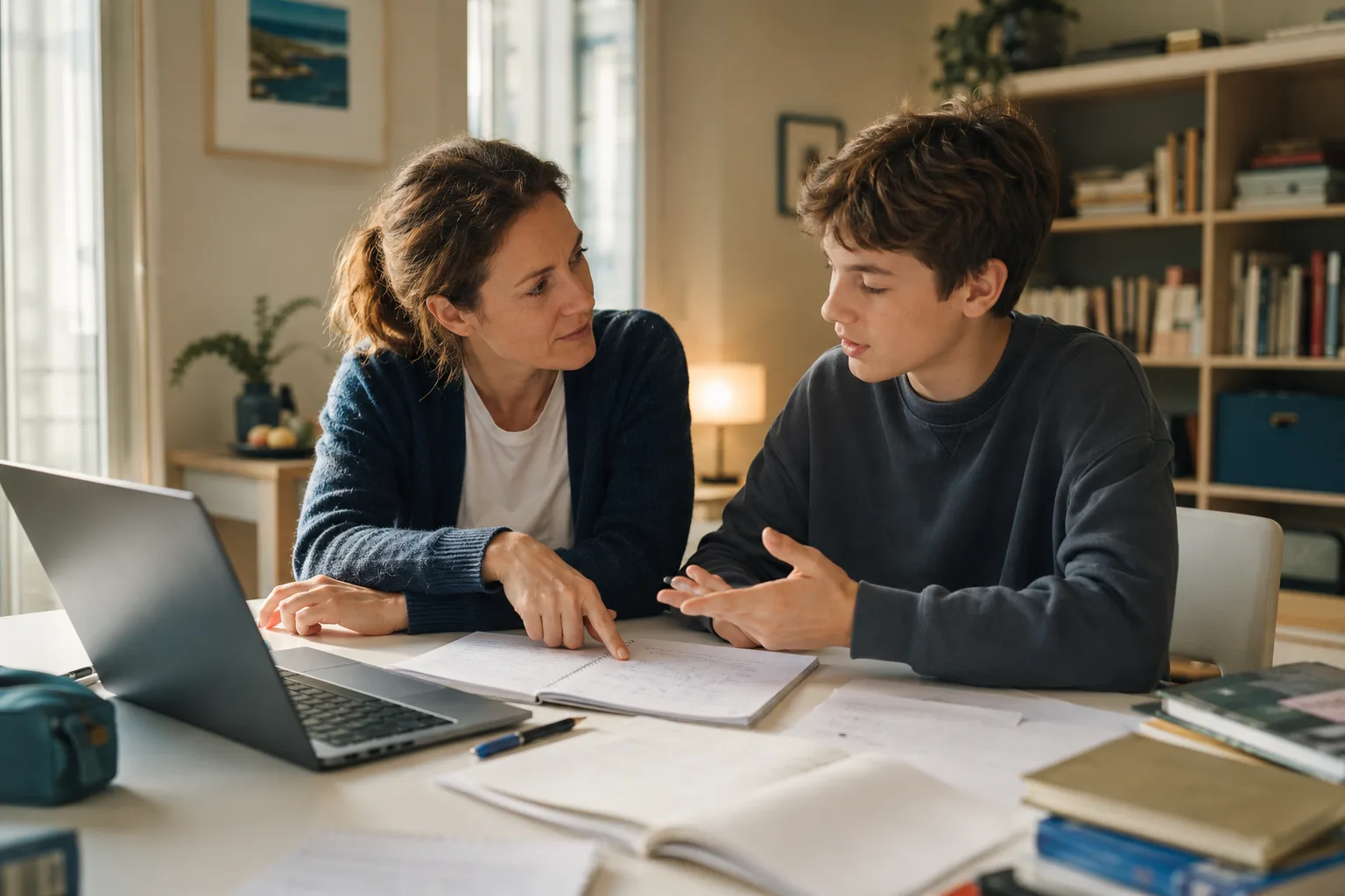 Un parent et un adolescent discutent calmement d’un devoir devant un ordinateur et un cahier ouvert.