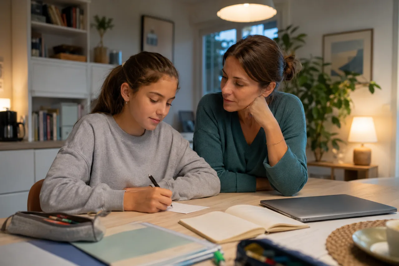 A parent and a teenager discuss a homework rule around an open notebook and a nearly closed laptop.