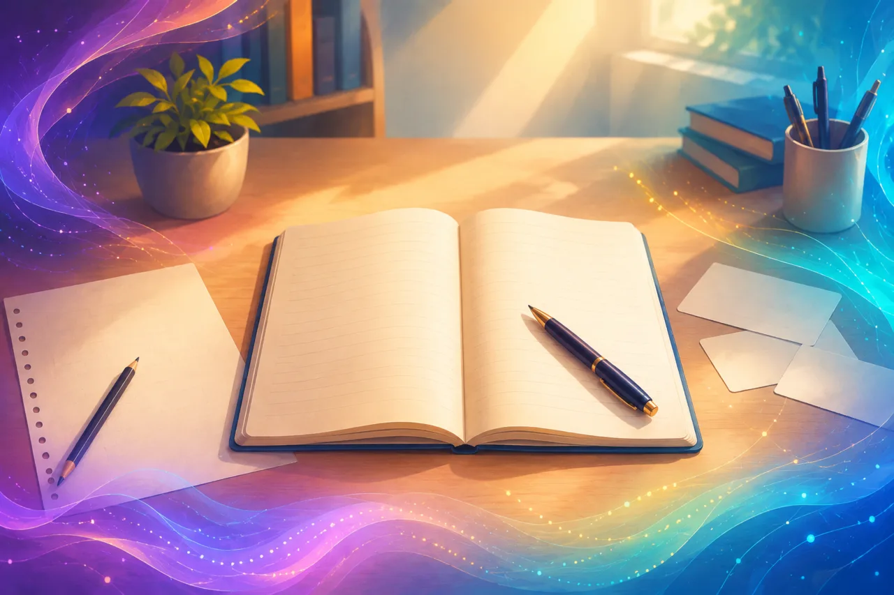 An open notebook and rough draft sit at the centre of a composition with subtle abstract digital elements in the background.