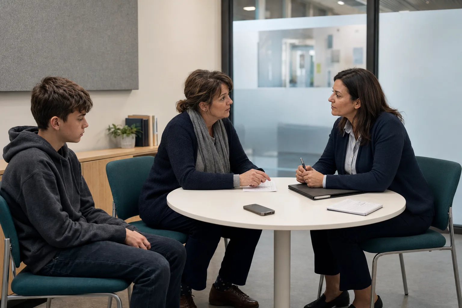 A parent speaks calmly with a school staff member while a teenager waits nearby in a school office.