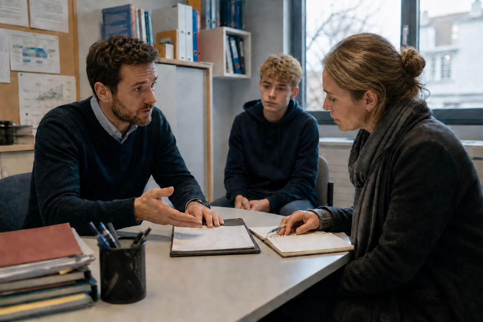 Un parent échange calmement avec un responsable scolaire pendant qu’un adolescent attend à proximité dans un bureau d’établissement.