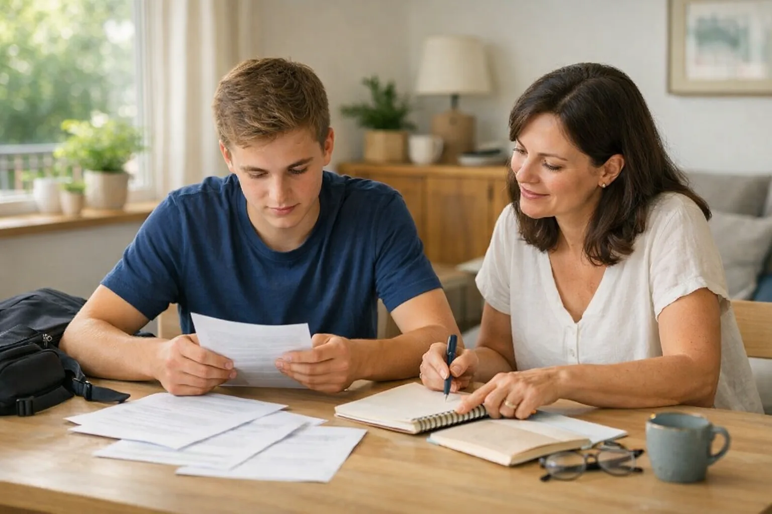 Ein Jugendlicher und ein Elternteil sitzen im Sommerlicht am Tisch und ordnen Unterlagen für den Ausbildungsstart.