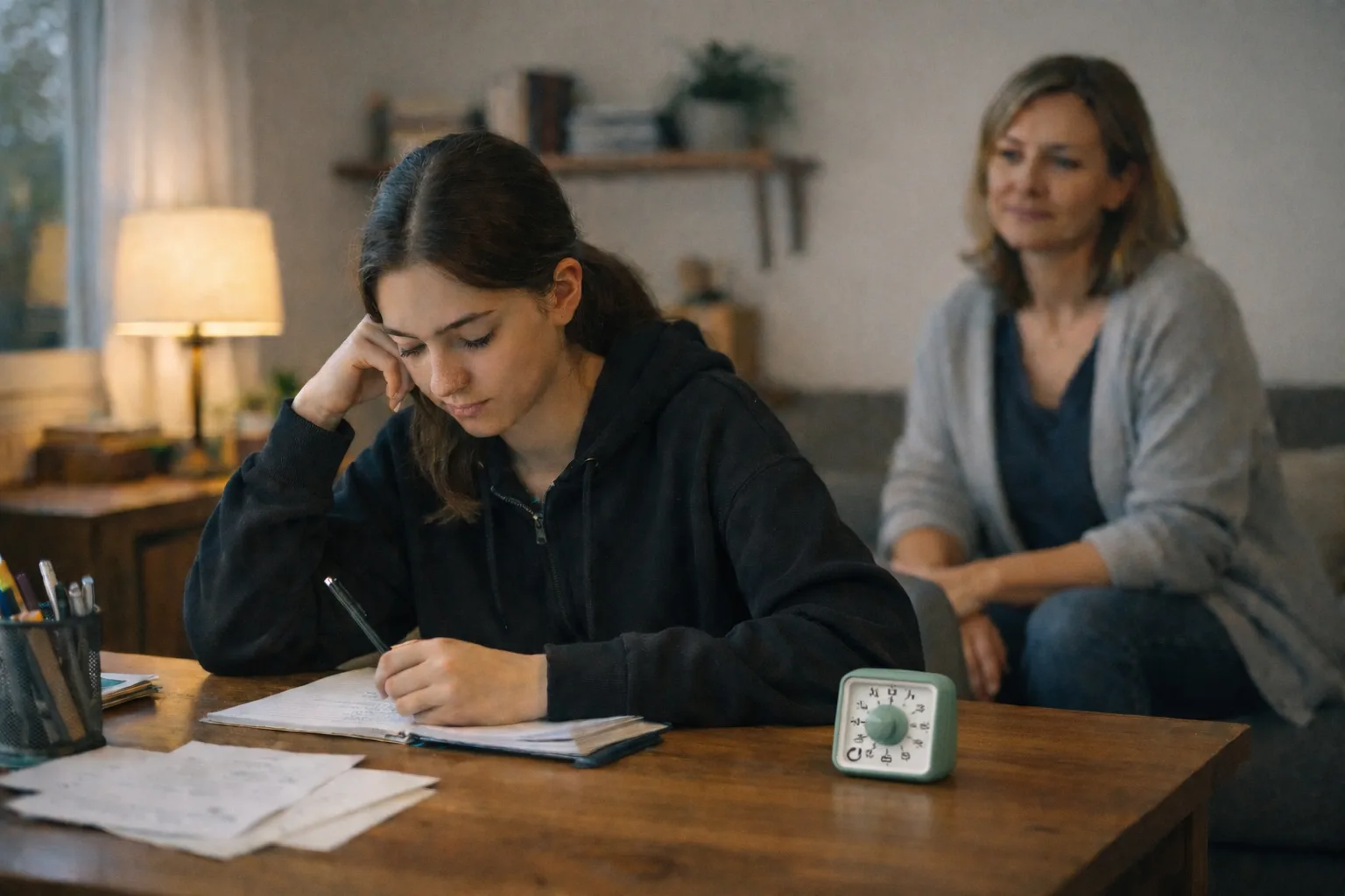 Un adolescent révise dans un espace de travail simplifié pendant qu’un parent reste présent mais non intrusif à proximité, dans une ambiance calme de dernière semaine avant l’épreuve.