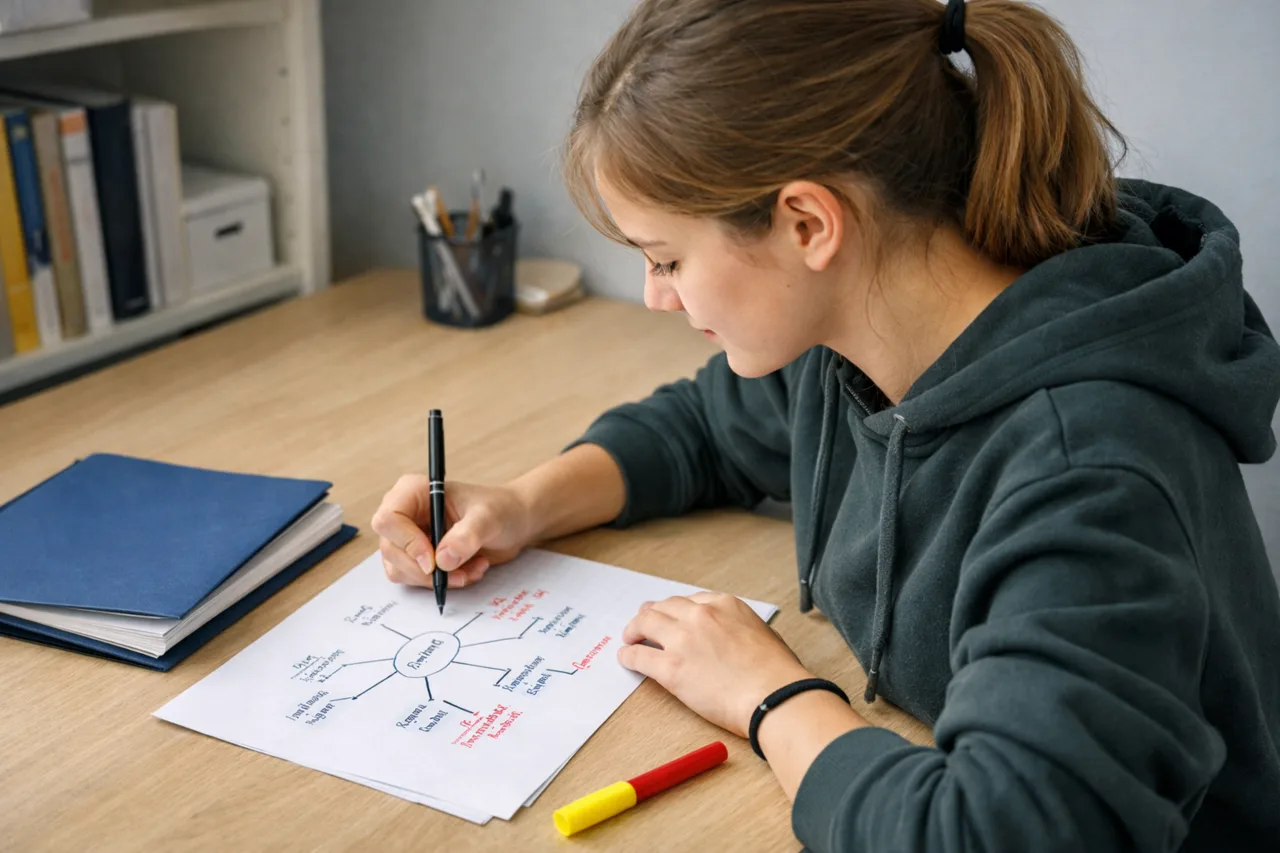 Ein älterer Schüler oder eine ältere Schülerin ergänzt an einem ruhigen Lernplatz zu Hause eine knappe Mindmap; das Heft liegt halb geschlossen daneben.