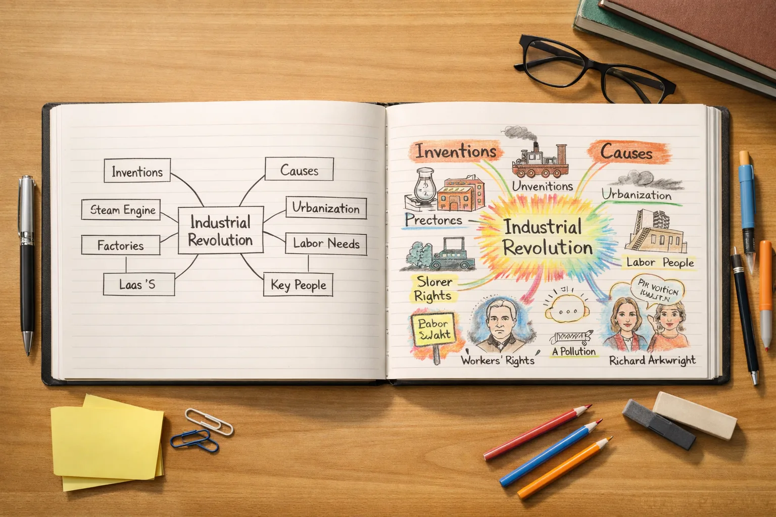 Two mind maps side by side on a student desk, one clear and structured, the other dense and colourful.