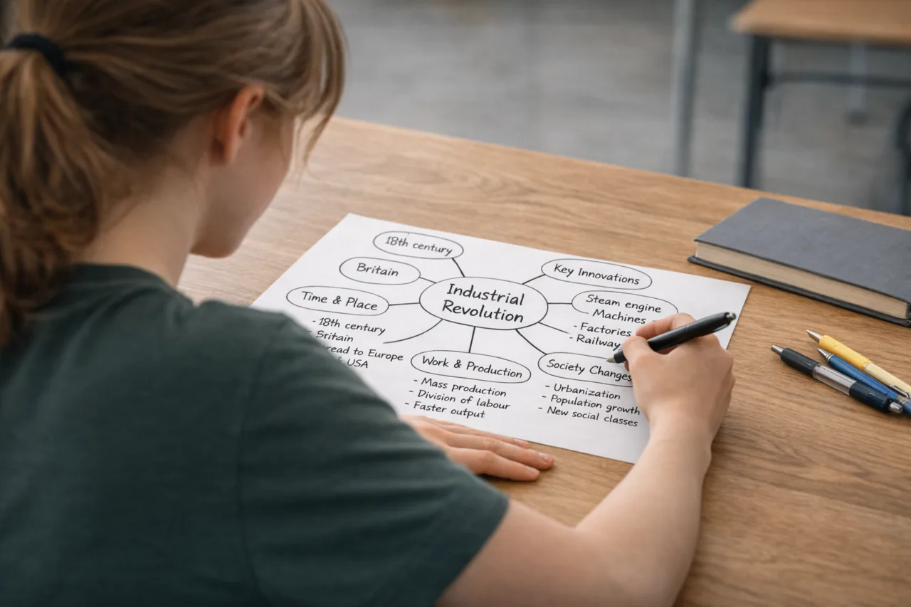 Student creating a simple mind map with a partially closed notebook nearby.