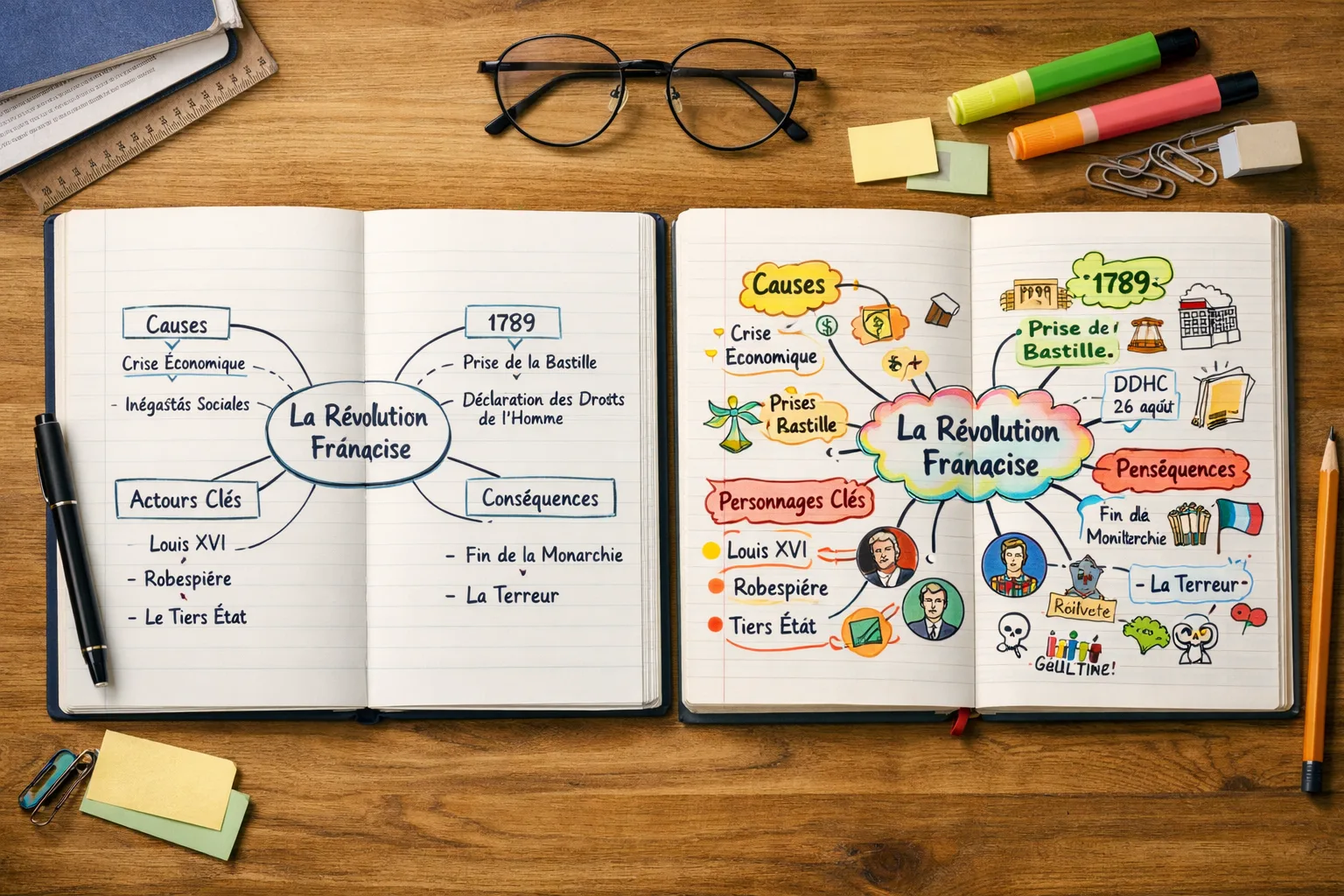 Sur un bureau d’élève, une carte mentale sobre et structurée est opposée à une version très décorée et surchargée, pour montrer l’écart entre outil utile et gadget visuel.