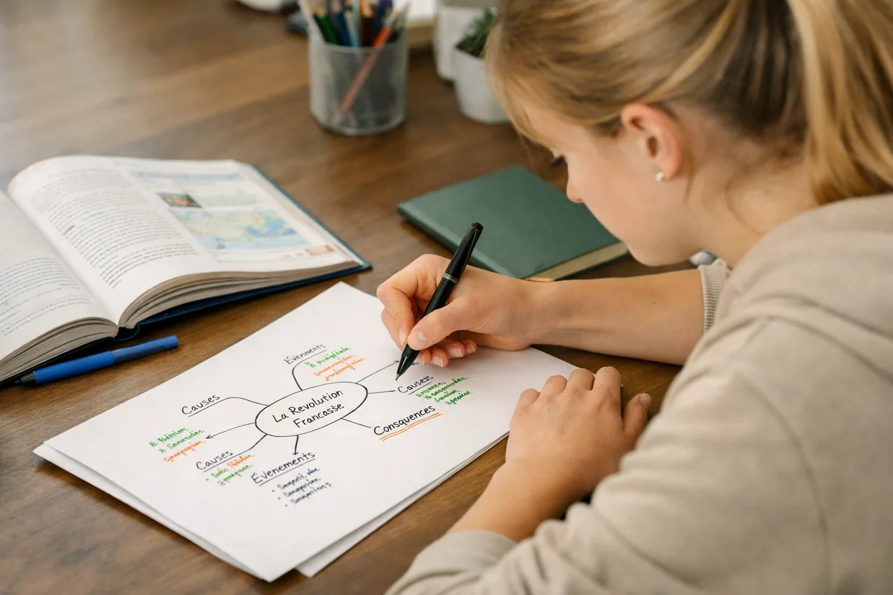 Une collégienne construit une carte mentale sobre à partir d’un cours, avec quelques branches principales et un cahier partiellement refermé à côté.