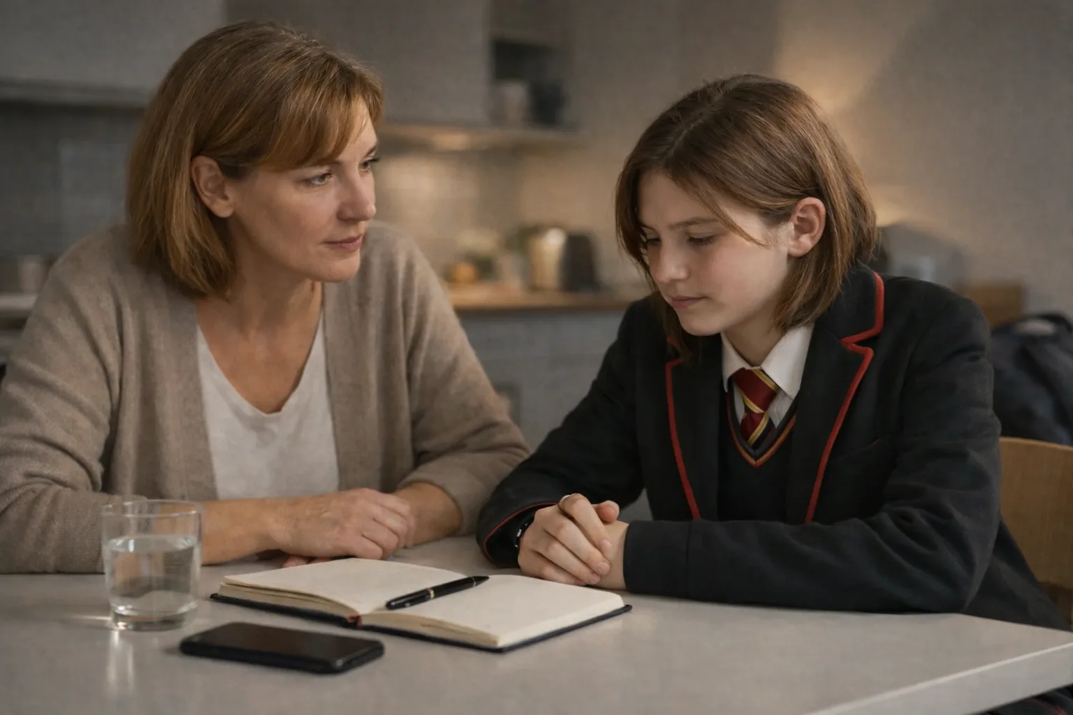 A parent calmly listening to a teenager at a table, with a phone face down beside an open notebook.