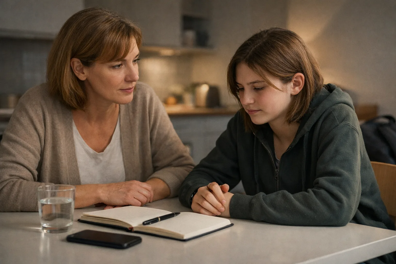Un parent écoute calmement un adolescent à une table, avec un téléphone posé face contre la surface et un carnet ouvert.