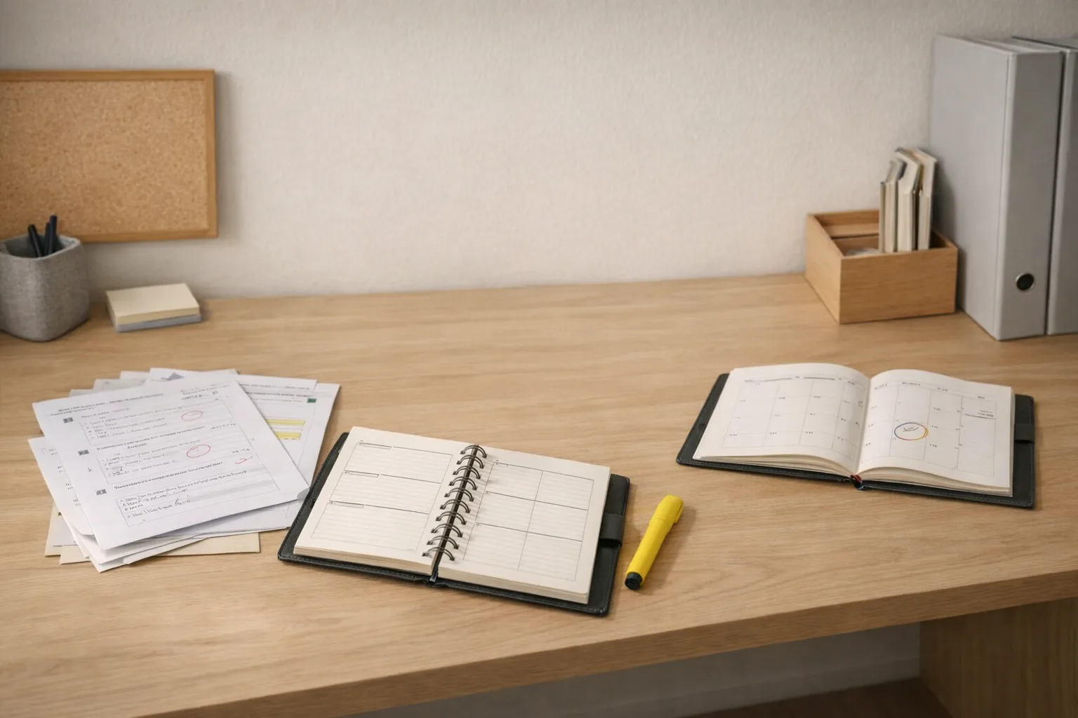 Copies d’élève, carnet de notes et agenda préparés sur une table avant un rendez-vous avec l’école.