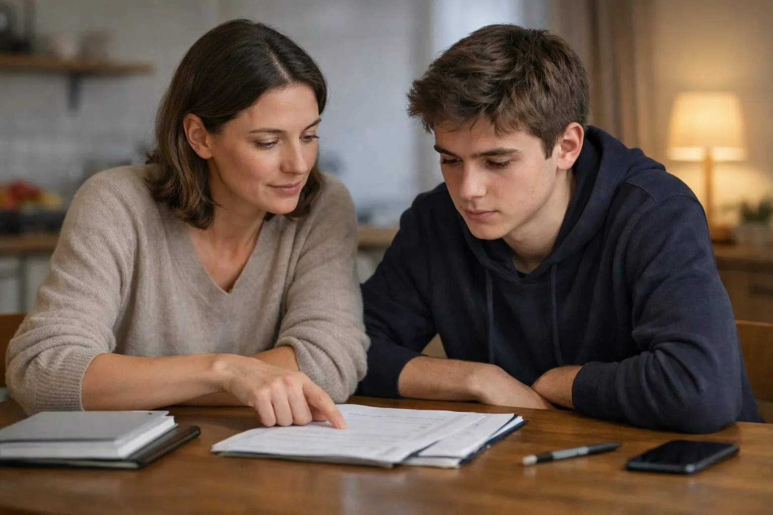 Un parent et un adolescent regardent ensemble une copie ou un cahier à la table de la maison, dans une discussion calme après une note.