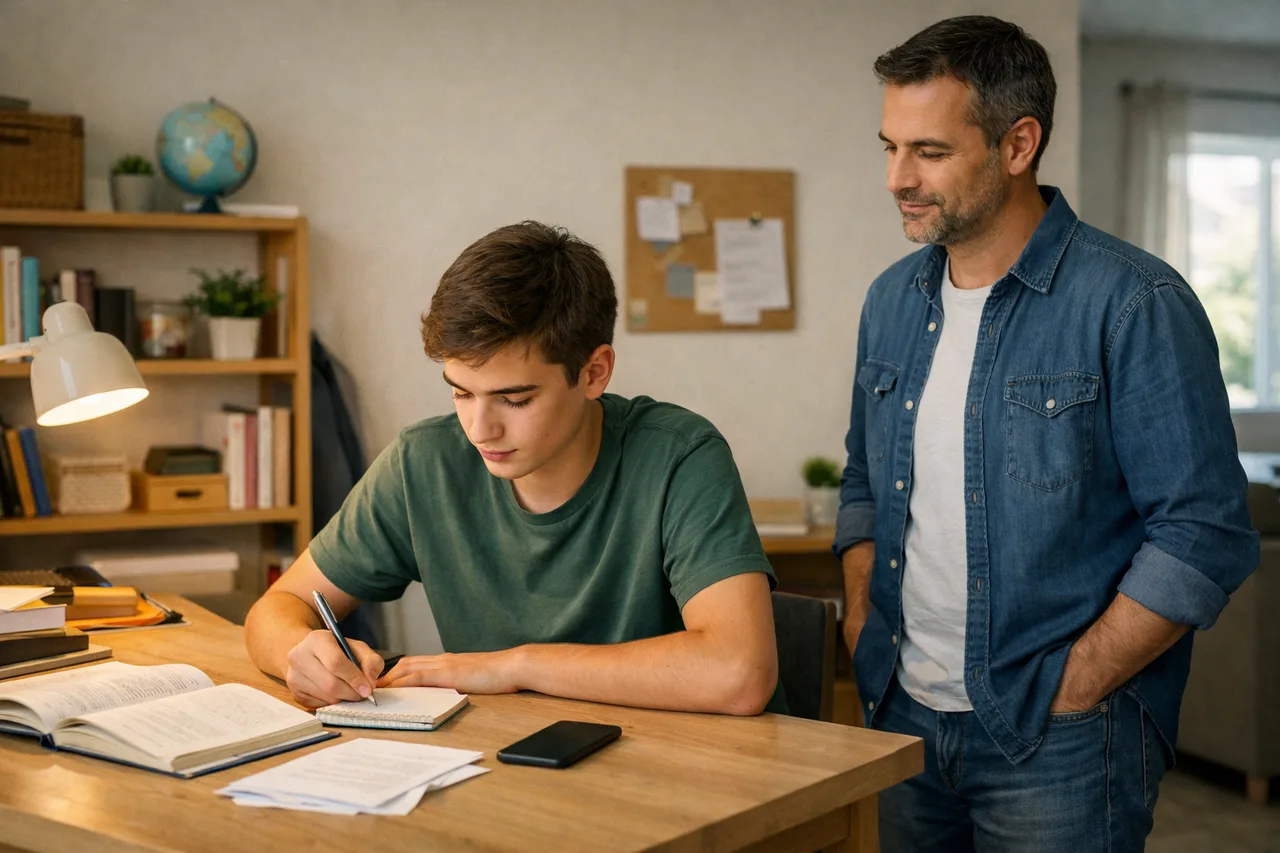 Un adolescent organise seul un petit plan de travail pendant qu’un parent reste proche mais en retrait, dans un espace de travail simple à la maison.