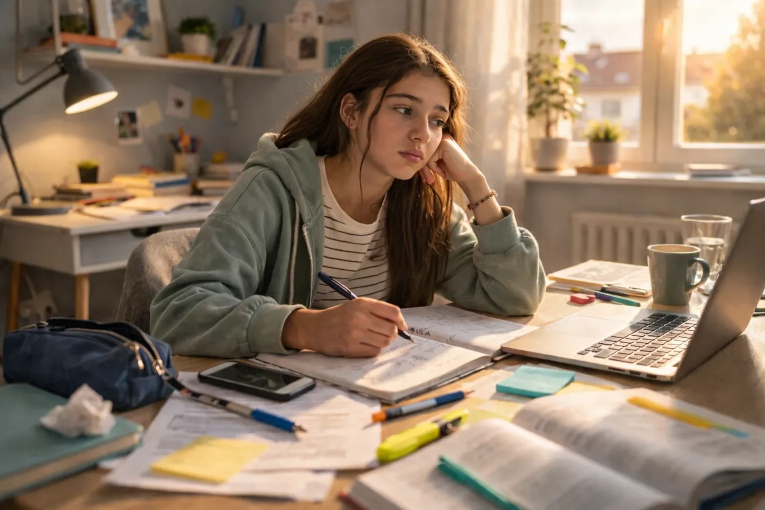 Jugendlicher sitzt zu Hause vor offenen Lernunterlagen und wirkt schon kurz nach Beginn der Arbeitsphase innerlich abgelenkt.