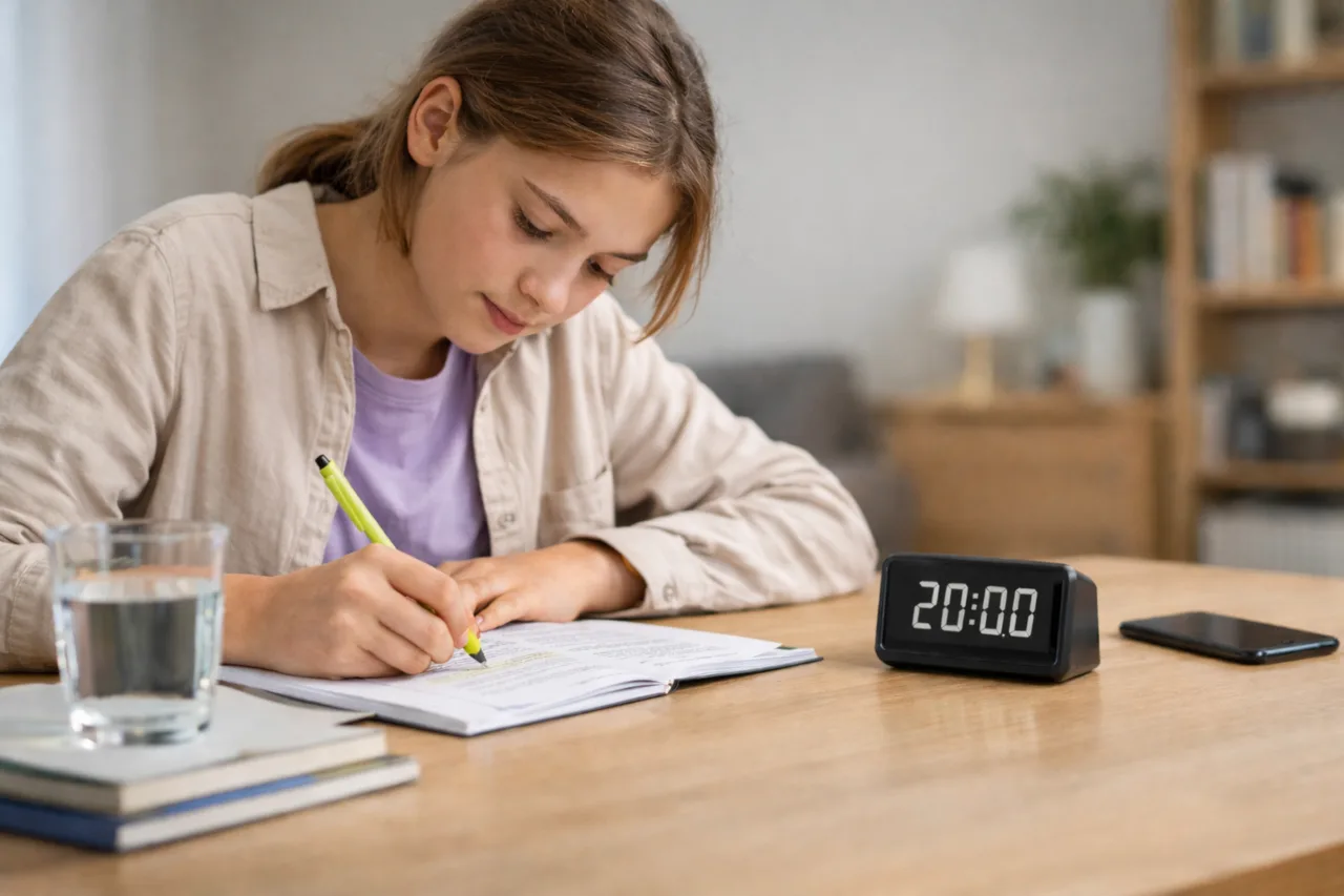 Jugendlicher startet zu Hause einen klar vorbereiteten Lernblock mit wenigen Materialien, Wasser und einem 20-Minuten-Timer.