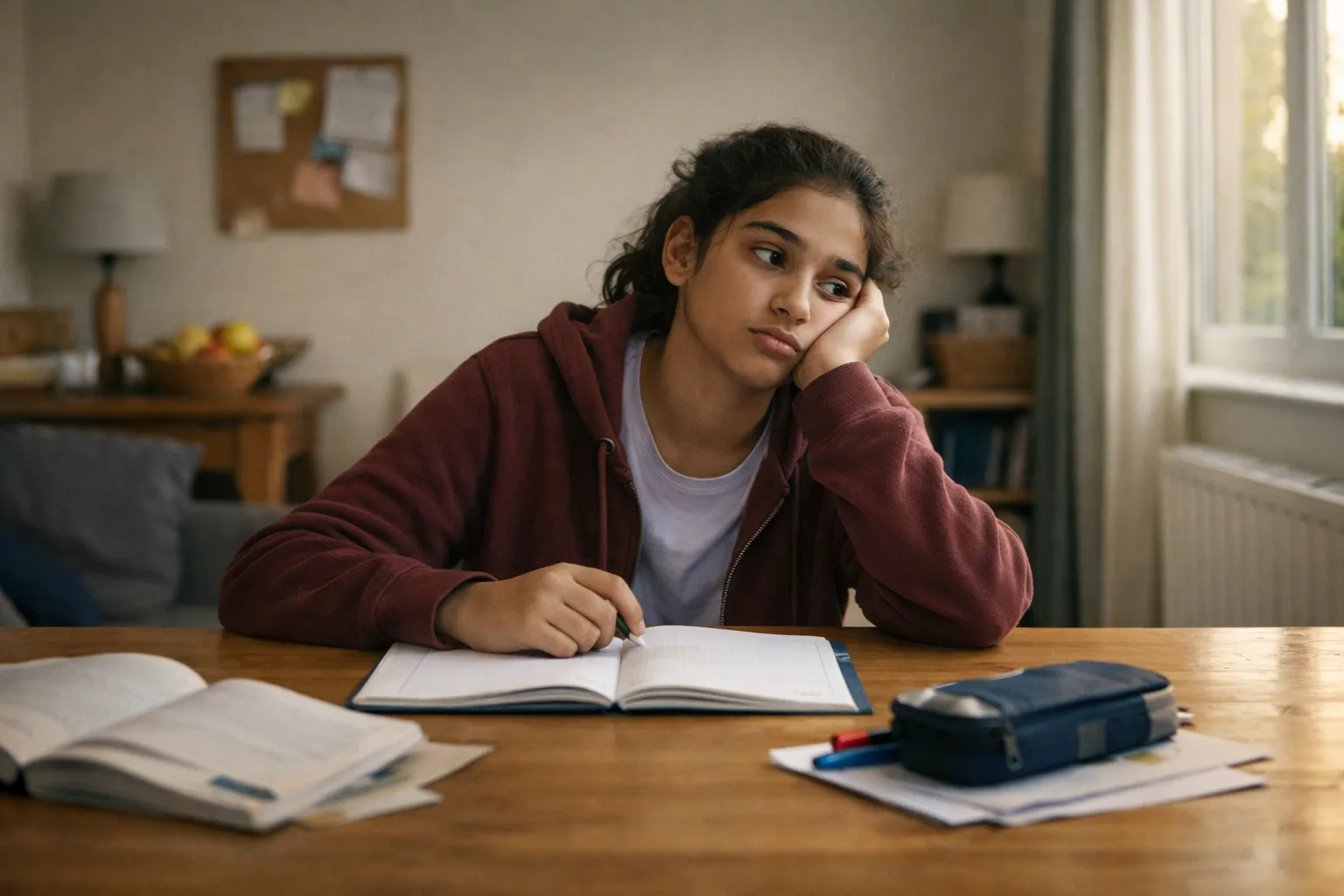 Teenager sitting over schoolwork at home, already looking mentally switched off a few minutes into the session.
