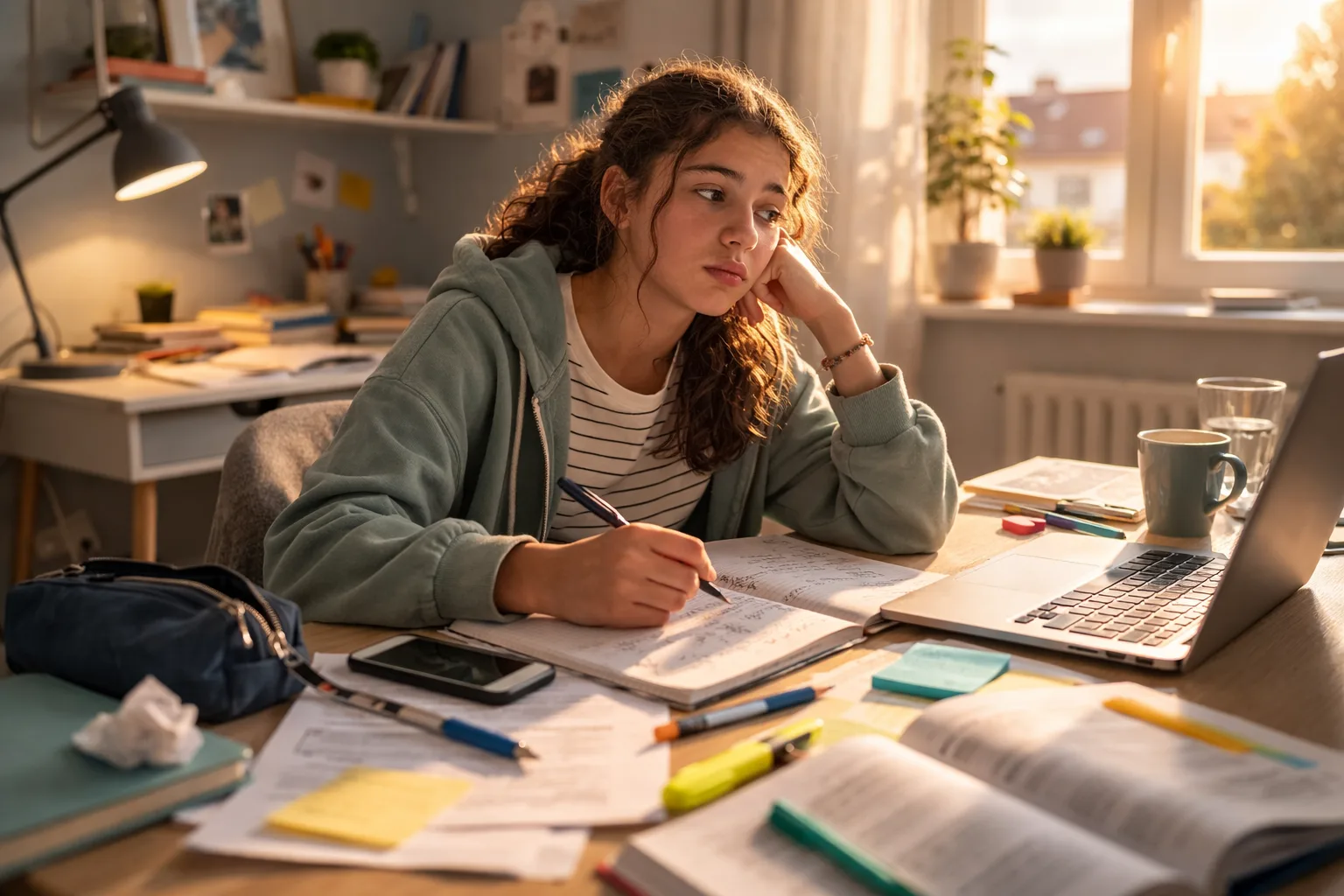 Adolescent assis devant ses cours à la maison, l’air déjà décroché après le début d’une séance.
