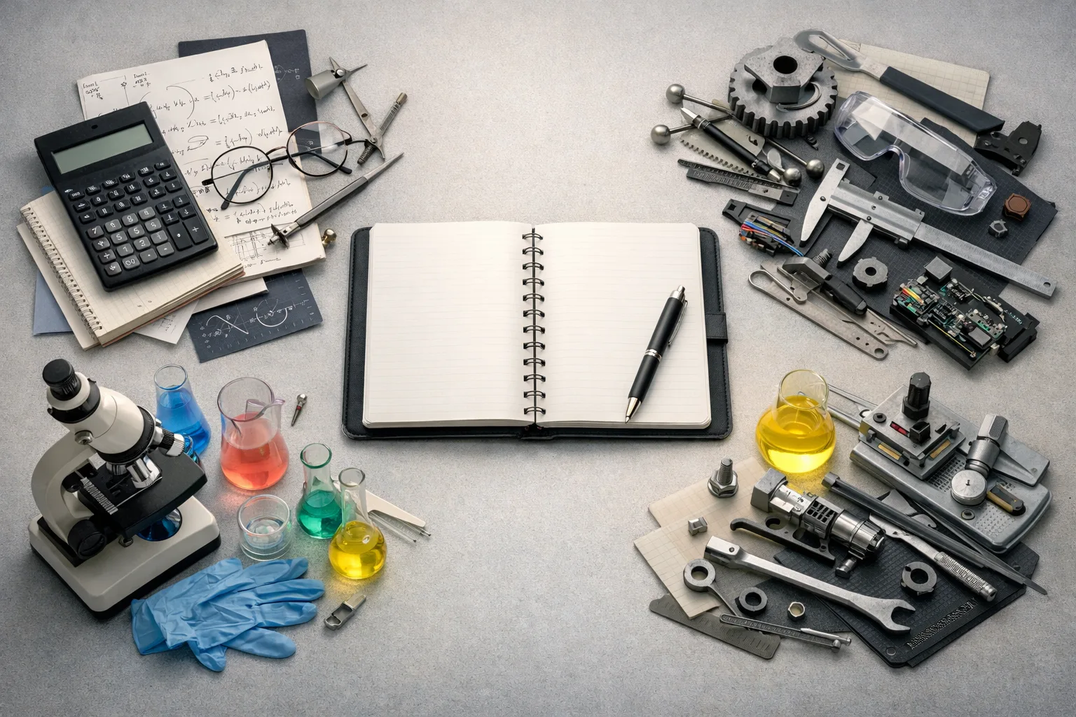 Trois ensembles de supports scientifiques disposés autour d’un carnet central symbolisant le choix entre MPSI, PCSI et PTSI.