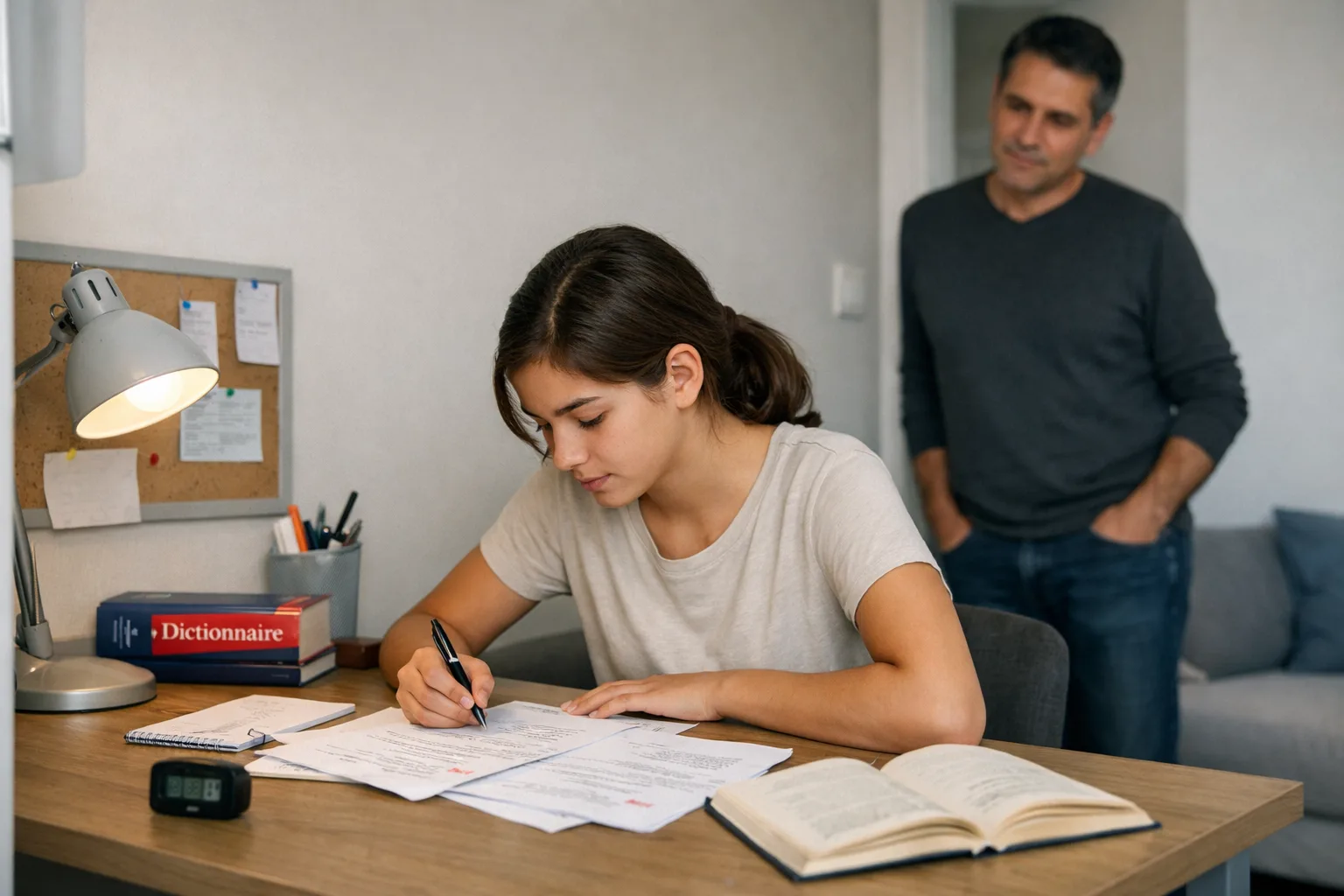Un élève de troisième révise calmement le brevet de français à la maison avec quelques feuilles annotées et un dictionnaire, pendant qu’un parent reste présent mais discret.
