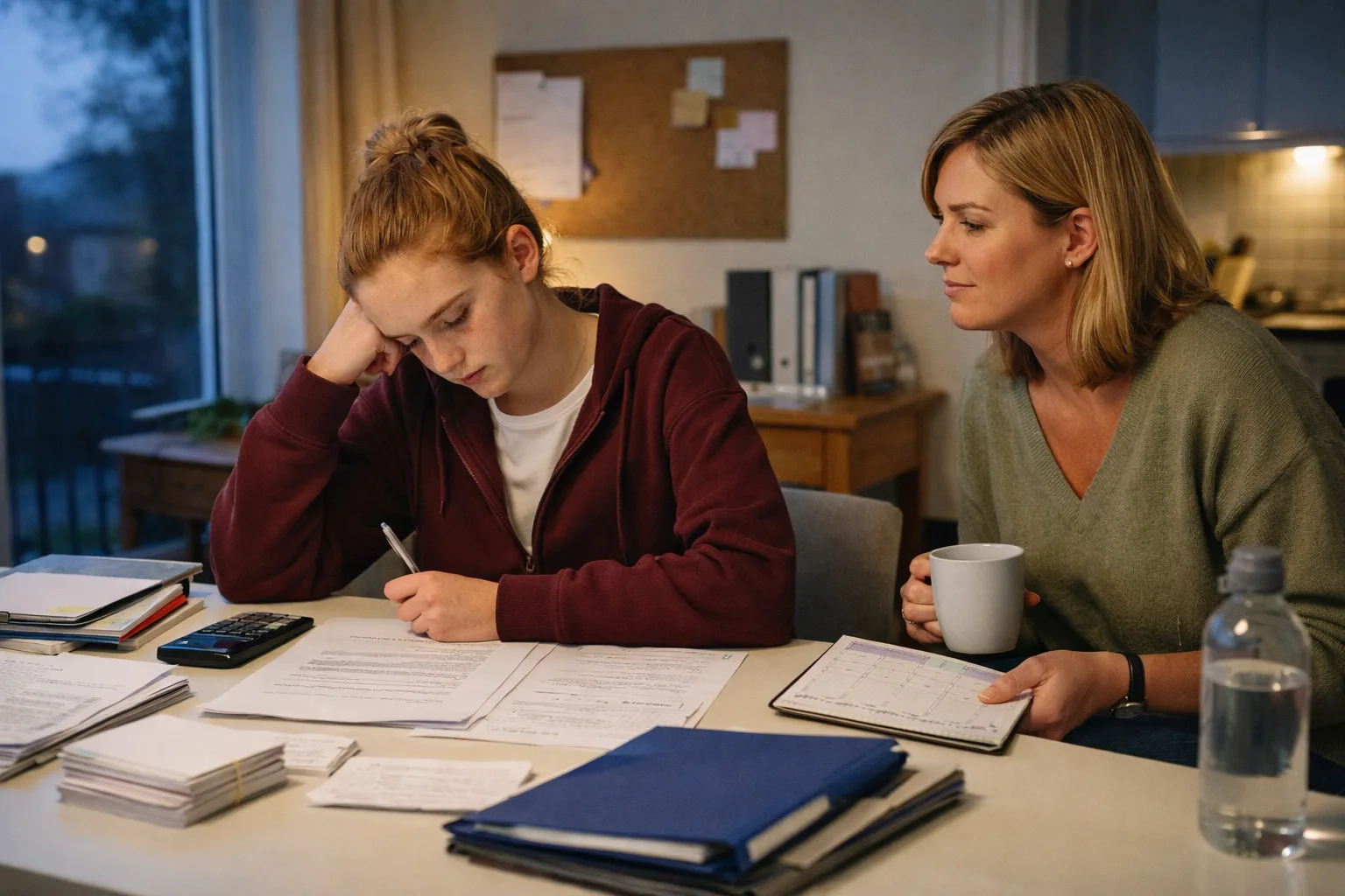 A sixth-form student revises at a dining table with dense notes while a parent offers calm support nearby.