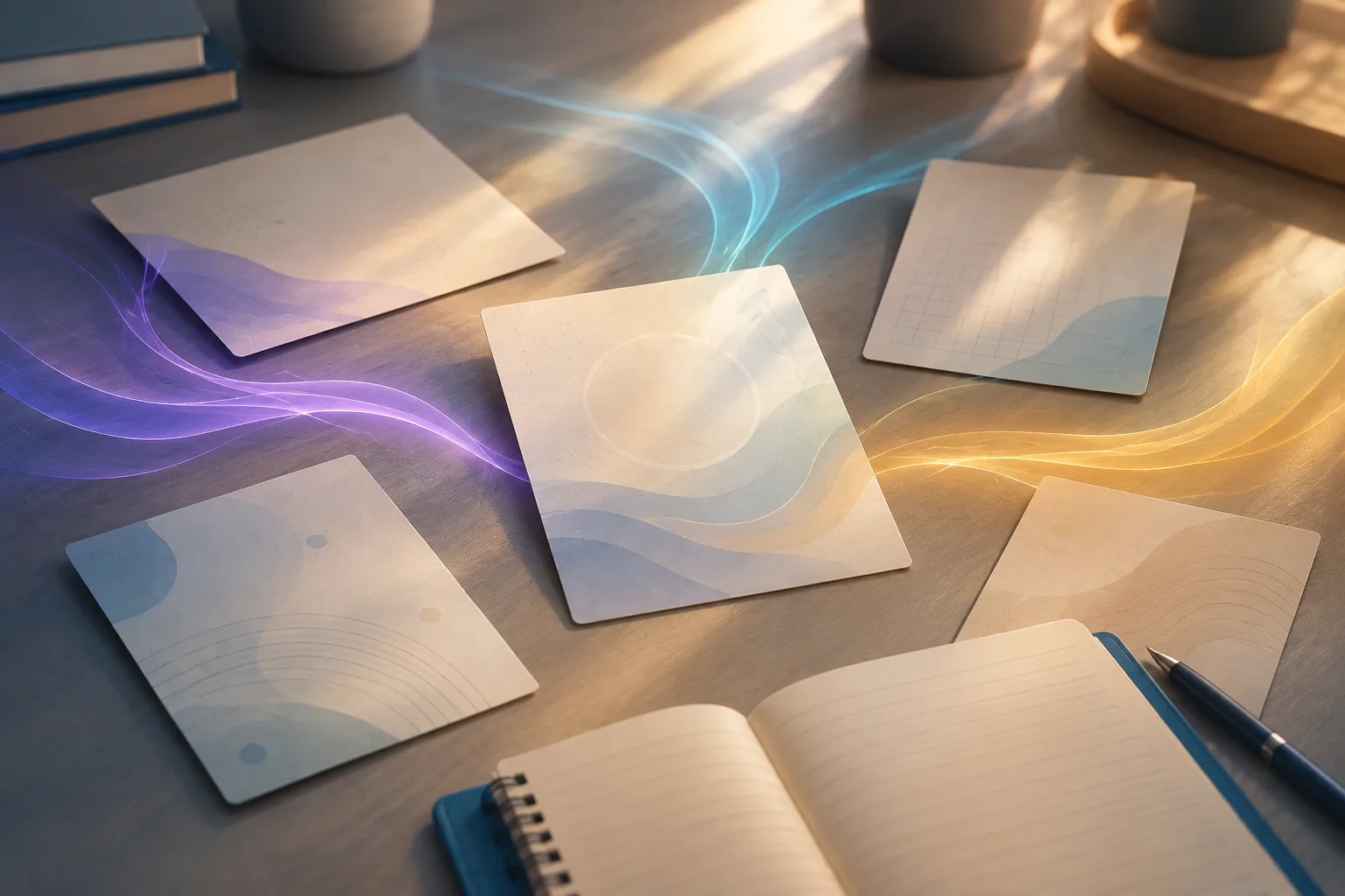 Des cartes de sujets d’oral sont triées autour d’un cahier pour faire émerger un choix clair.