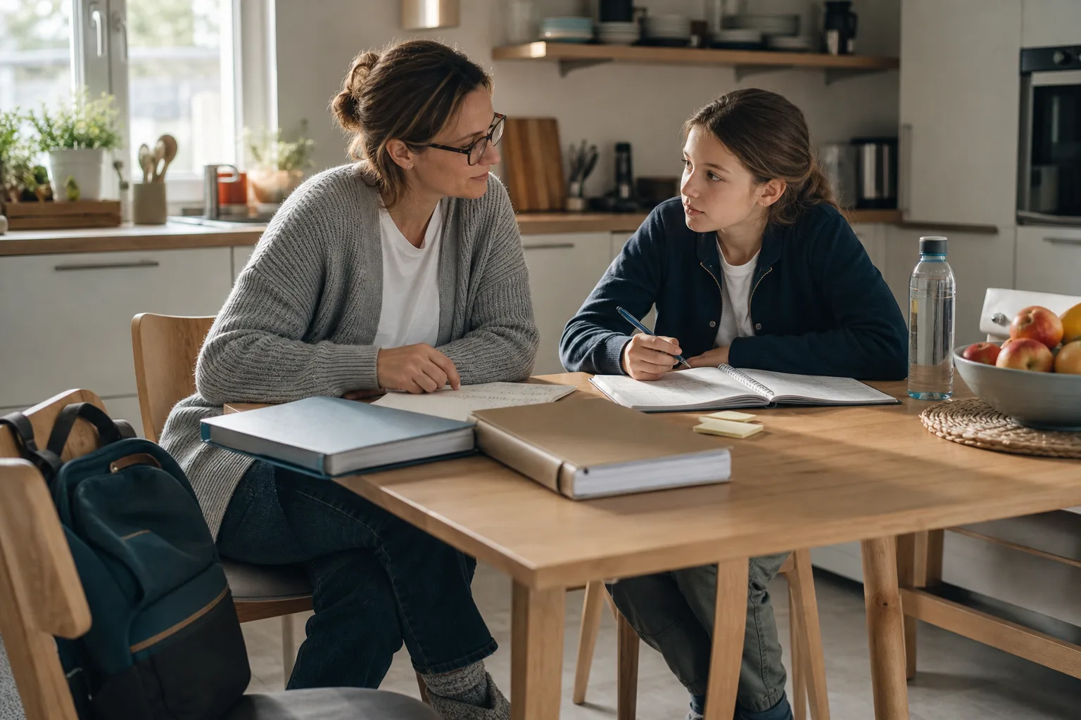 Elternteil und Jugendlicher vergleichen zu Hause zwei Schulmappen und einen Kalender.