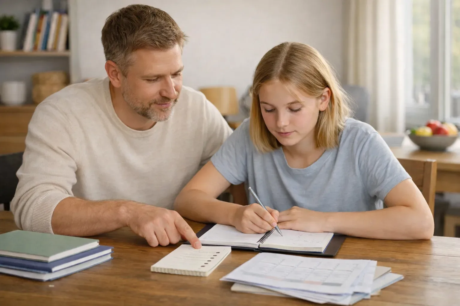 Ein Elternteil und ein Jugendlicher ordnen an einem Tisch zu Hause ruhig Hefte und einen Planer nach einem schwierigen Schuljahr neu.