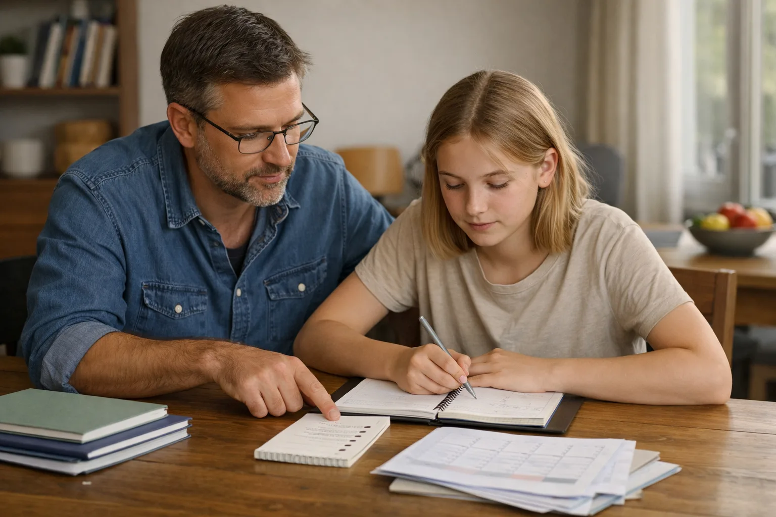 Un parent et un adolescent réorganisent calmement cahiers et agenda à la table de la maison après une année scolaire difficile.