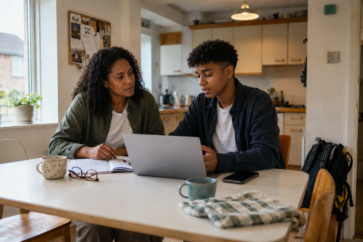 A parent and teenager sit together at home, looking at a laptop and notes while discussing a career idea.