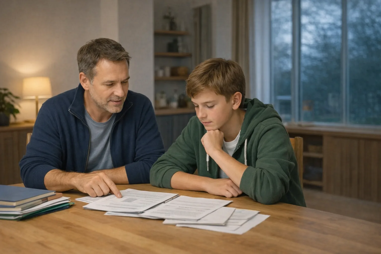 Un parent et un adolescent examinent calmement des cahiers et feuilles de cours à une table de travail domestique.