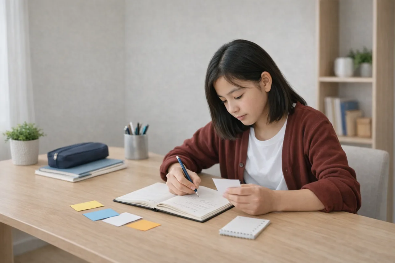 Un adolescent travaille seul avec un cahier ouvert et quelques supports de rappel actif sur une table simple.