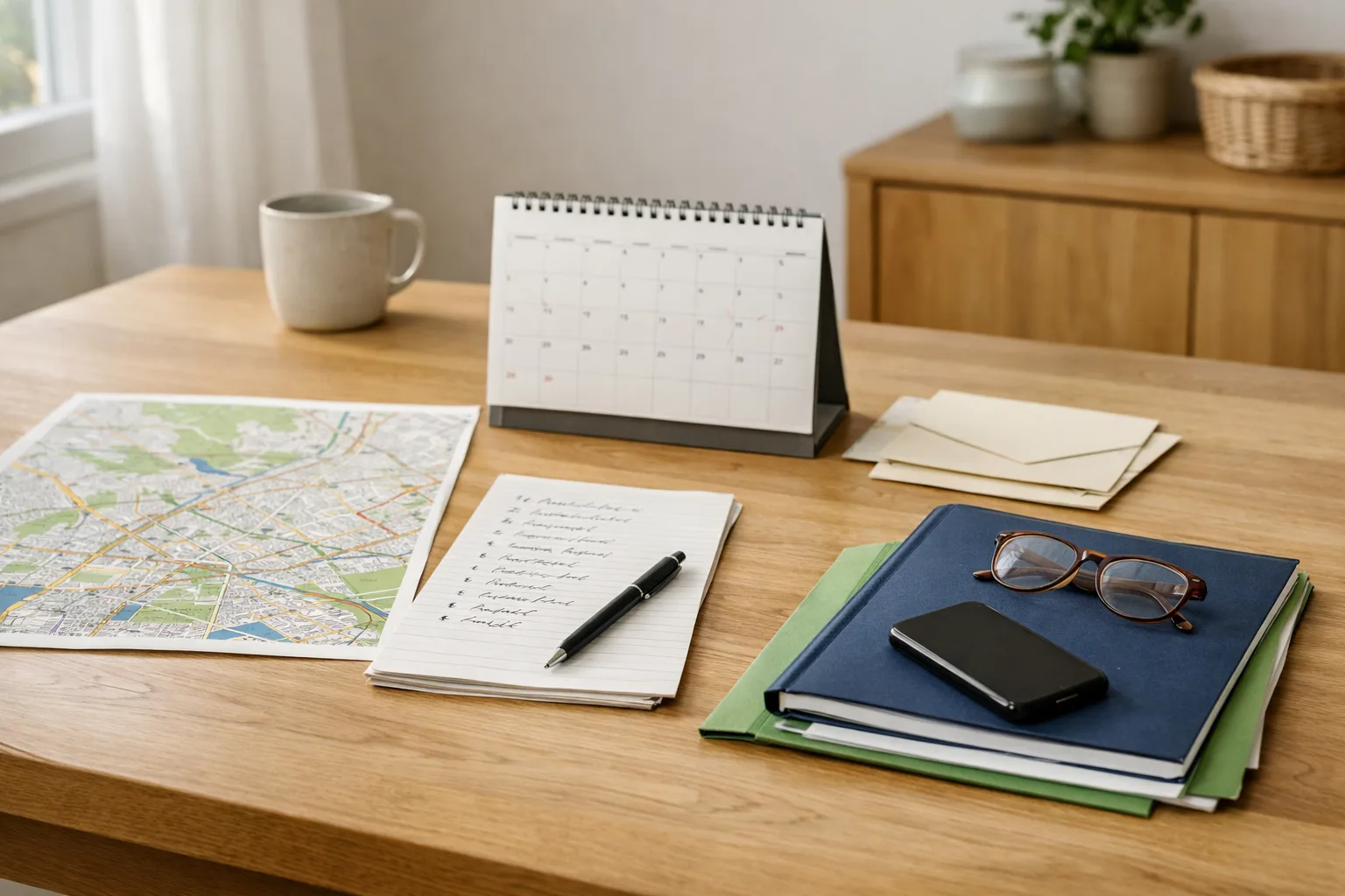 Une table de maison avec un calendrier, une carte locale, un carnet scolaire et des notes préparant une recherche de stage de 3e.