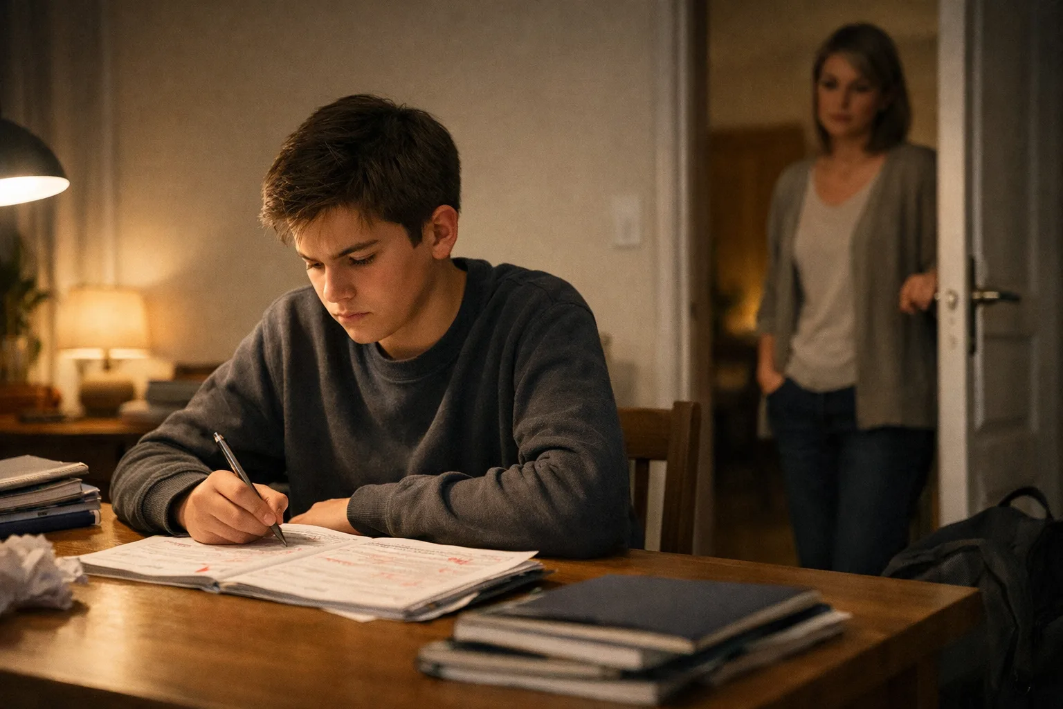 Un adolescent reste bloqué devant des devoirs presque terminés pendant qu’un parent observe discrètement depuis la porte.